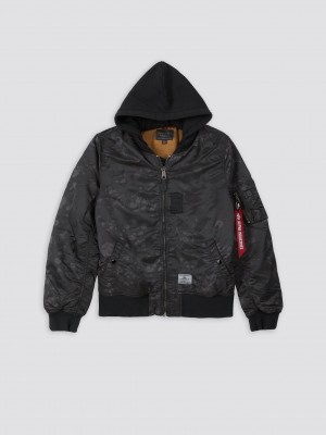 Chaqueta De Bombardero Alpha Industries Ma-1 Encapuchado Battlewash Hombre Negros Camuflados | 085746-BCO