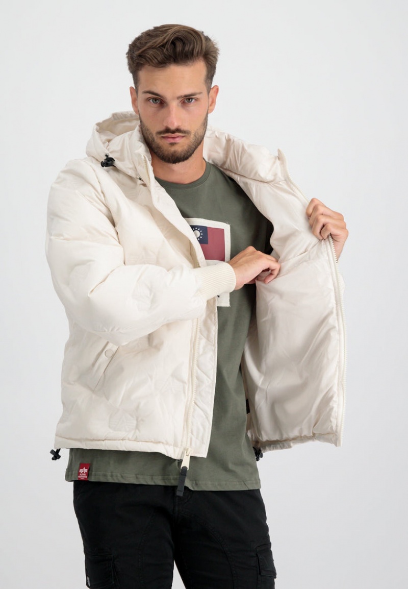 Chamarras Alpha Industries Encapuchado Logo Puffer Hombre Blancos | 059136-KSP