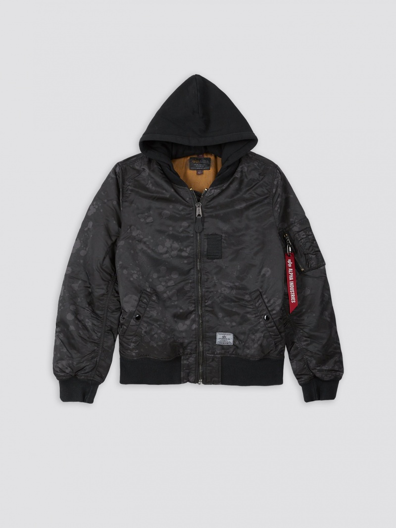 Chaqueta De Bombardero Alpha Industries Ma-1 Encapuchado Battlewash Hombre Negros Camuflados | 085746-BCO